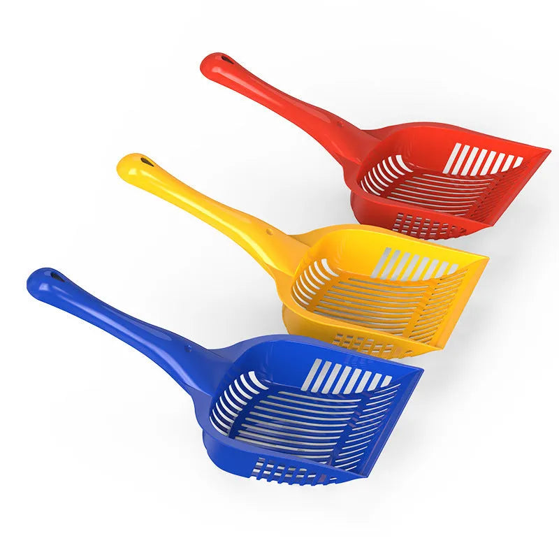 Red plastic cat litter scoop with handle next to a yellow and blue scoop, showing small and medium sizes.