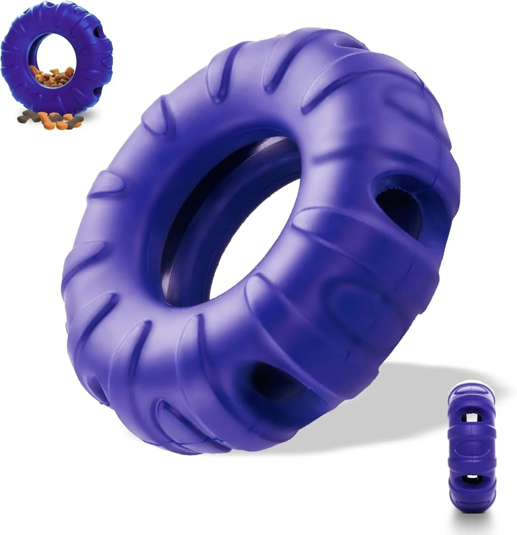 Blue durable natural rubber dog chew toy shaped like a tyre with oval openings.