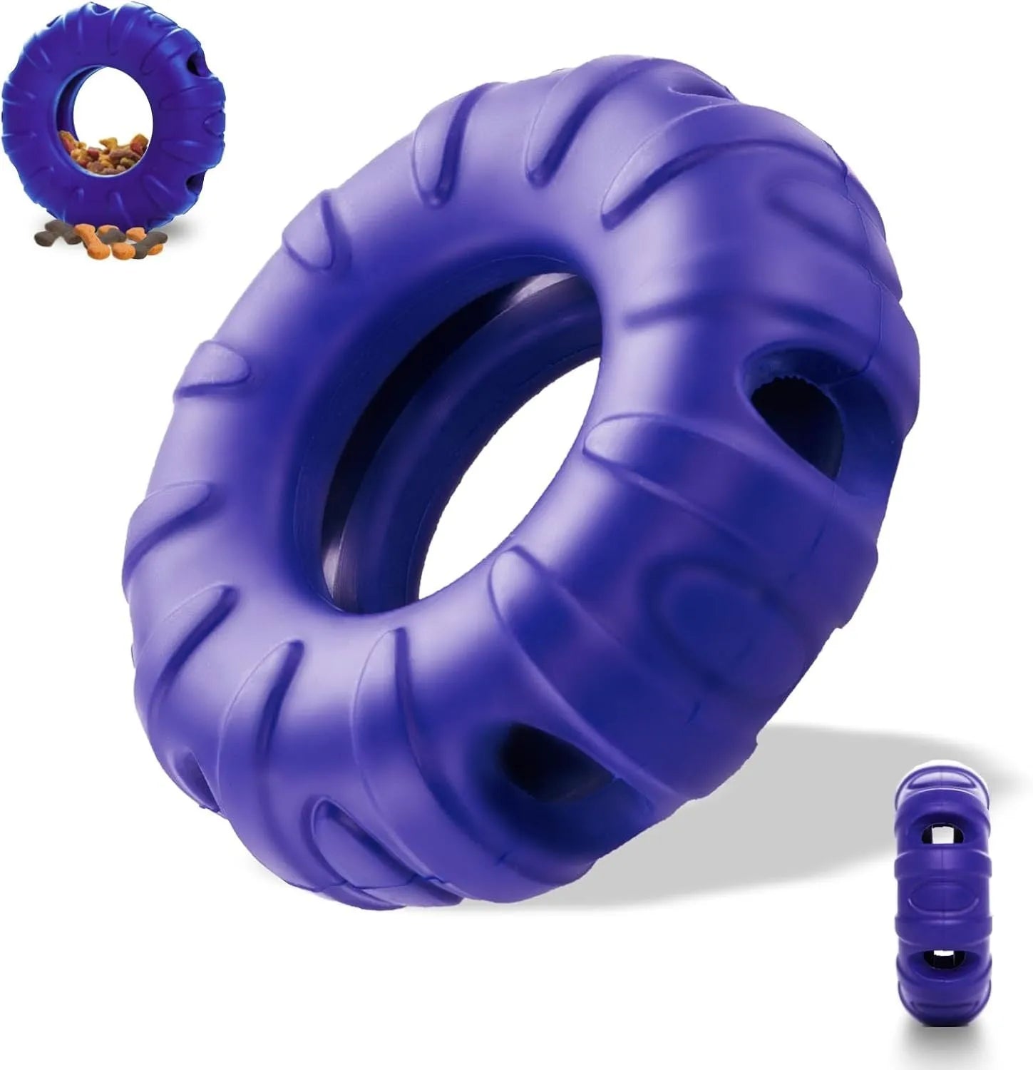 Blue durable natural rubber dog chew toy shaped like a tyre with oval openings.