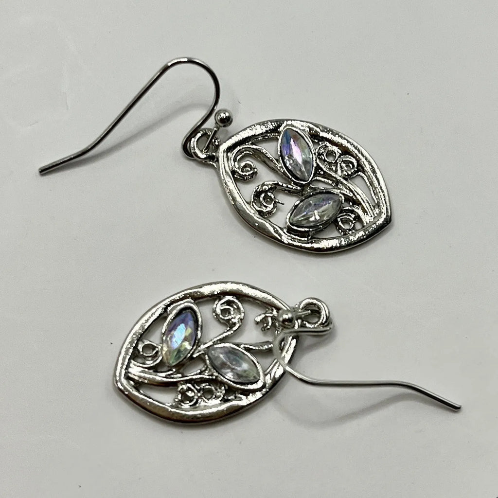 Silver leaf-shaped earrings with embedded colourful moonstone stones, European design
