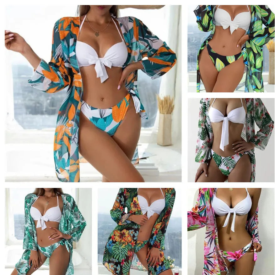 Women's three-piece mesh split bikini swimsuit with matching cover-up coat in quick-drying polyester fabric