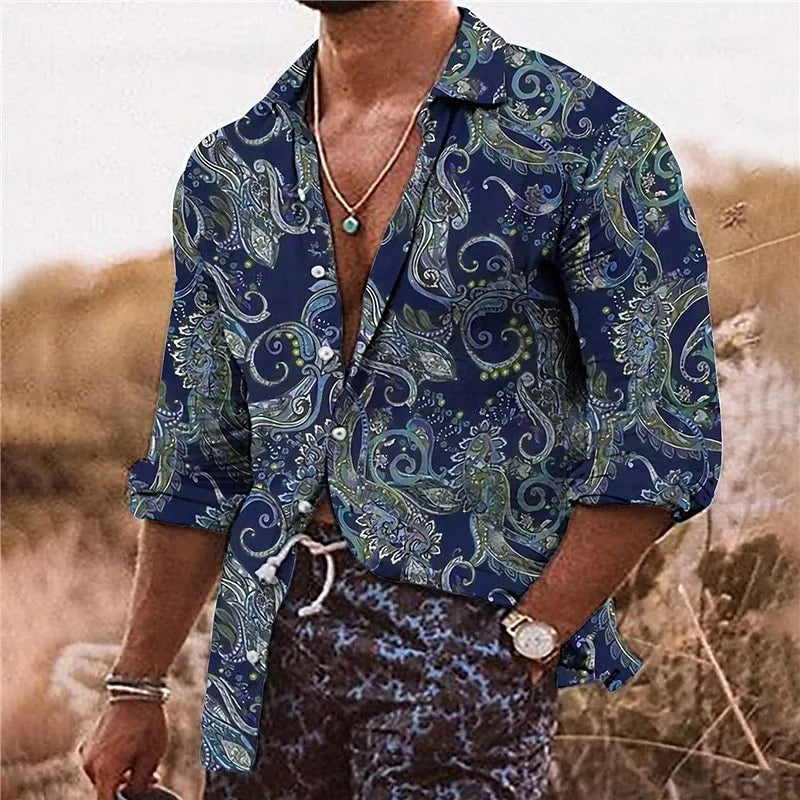 Man wearing a loose-fit long sleeve shirt with a detailed 3D floral digital print pattern.