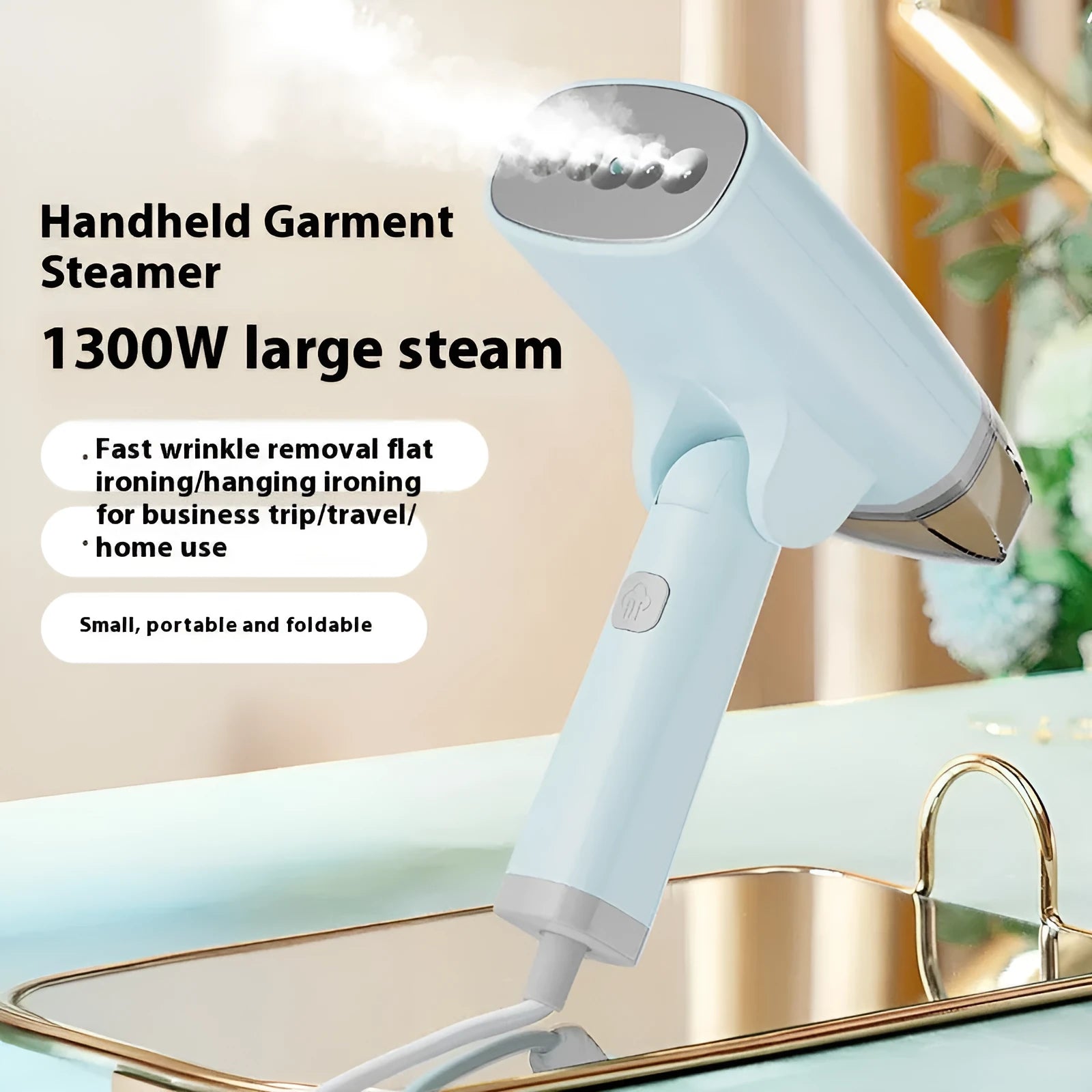 Blue handheld garment steamer with water tank and mechanical controls for ironing clothes