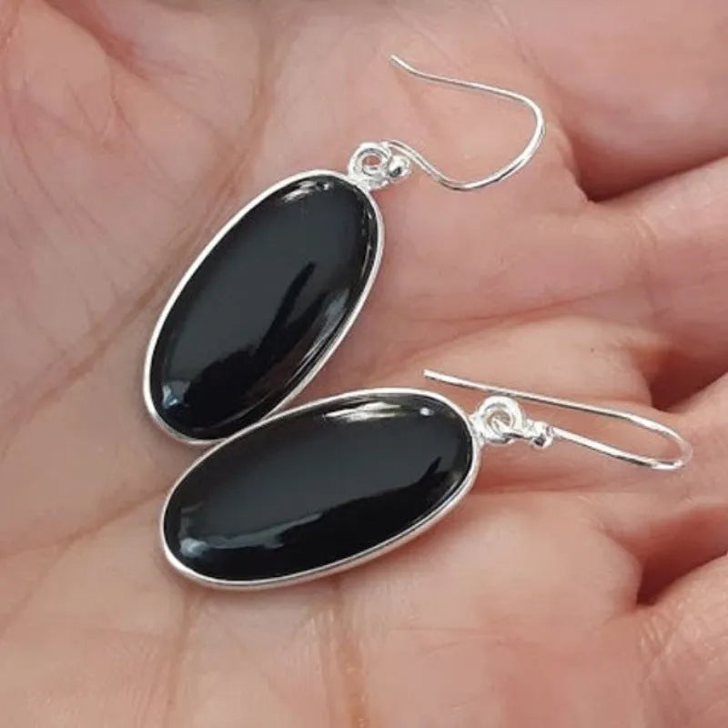 Black women's earrings with oval agate pendant on 925 silver geometric setting
