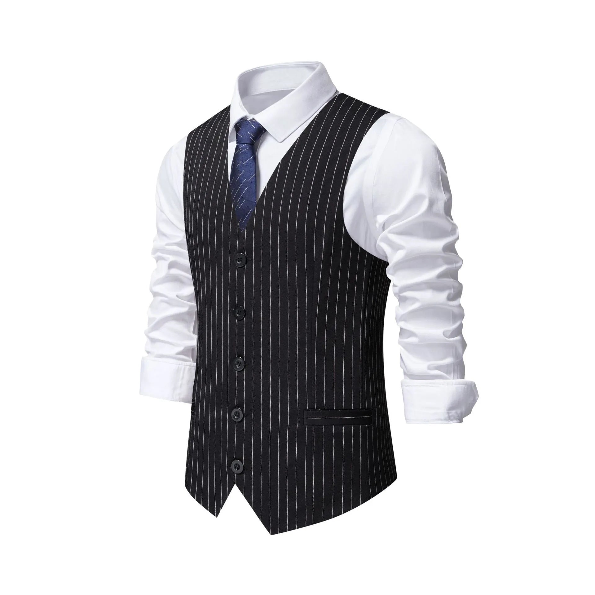 Man's striped suit vest with miter bottom hem in black, red, or khaki