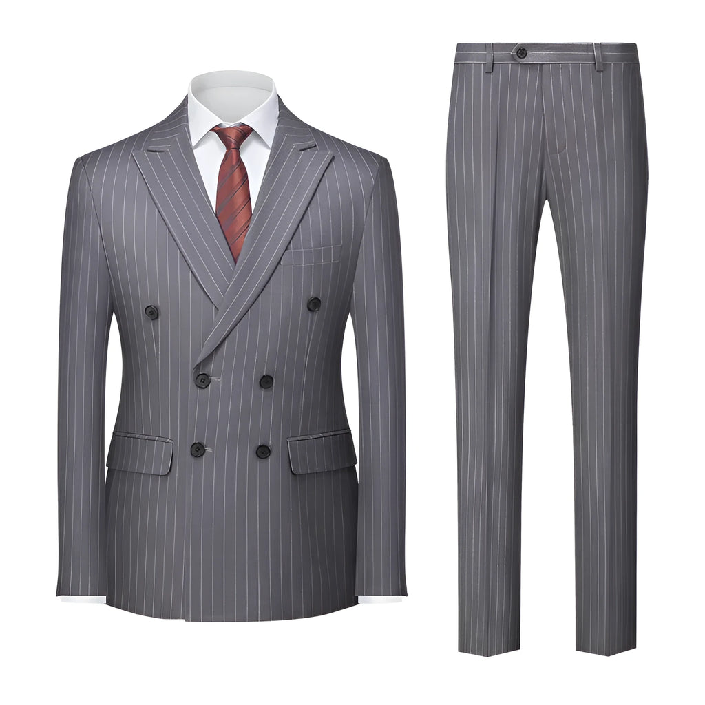 Men's double-breasted two-button striped suit set with trousers in business formal style