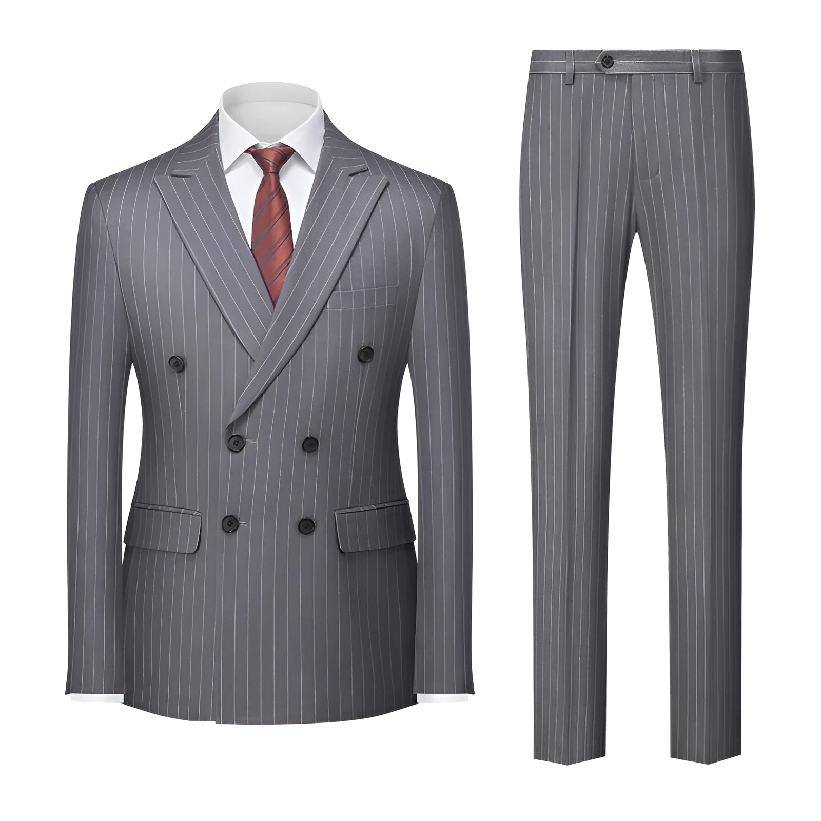 Men's double-breasted two-button striped suit set with trousers in business formal style