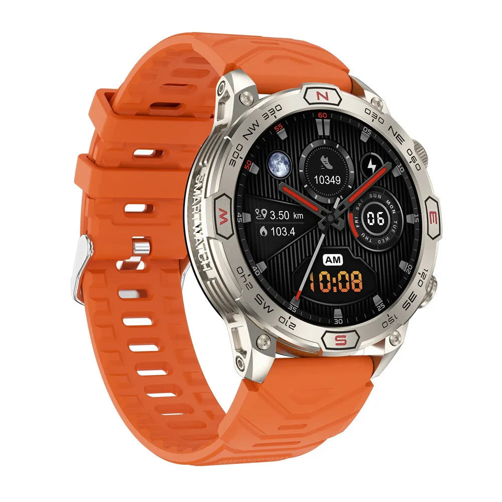 Black sports smartwatch with AMOLED screen and silicone strap on a wrist