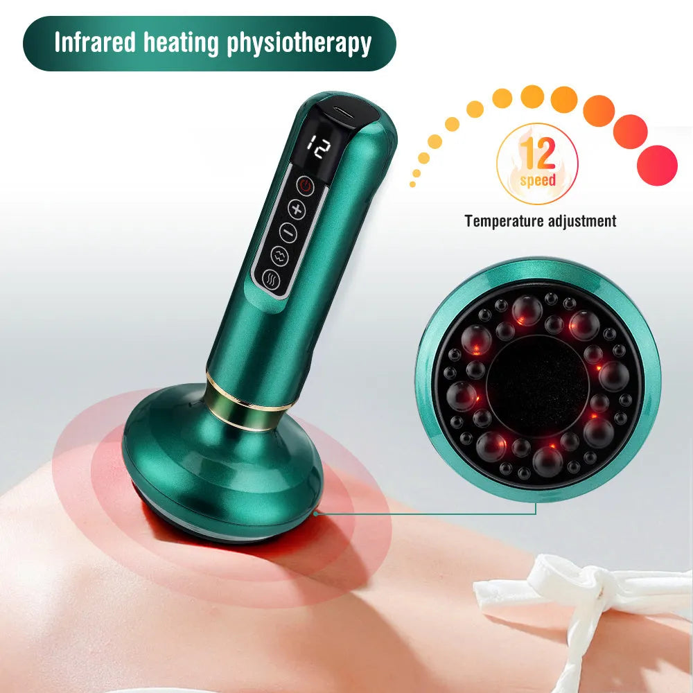 Green electric vacuum cupping massager with suction cup head on a white background