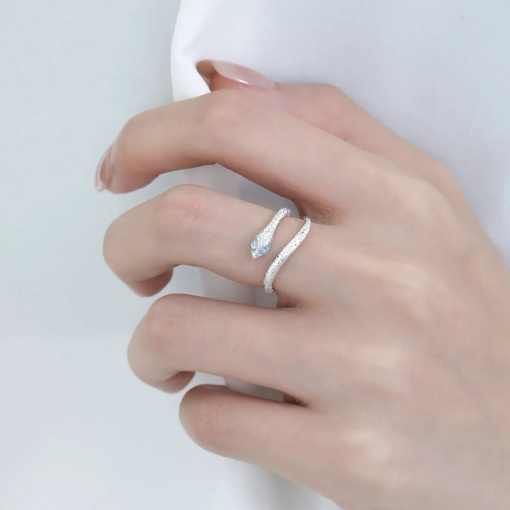 Silver snake zodiac ring with adjustable opening and platinum electroplated finish for women