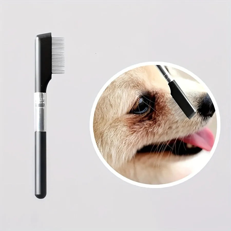 Black pet grooming brush with soft bristles and comb attachment for eye area cleaning on dogs and cats