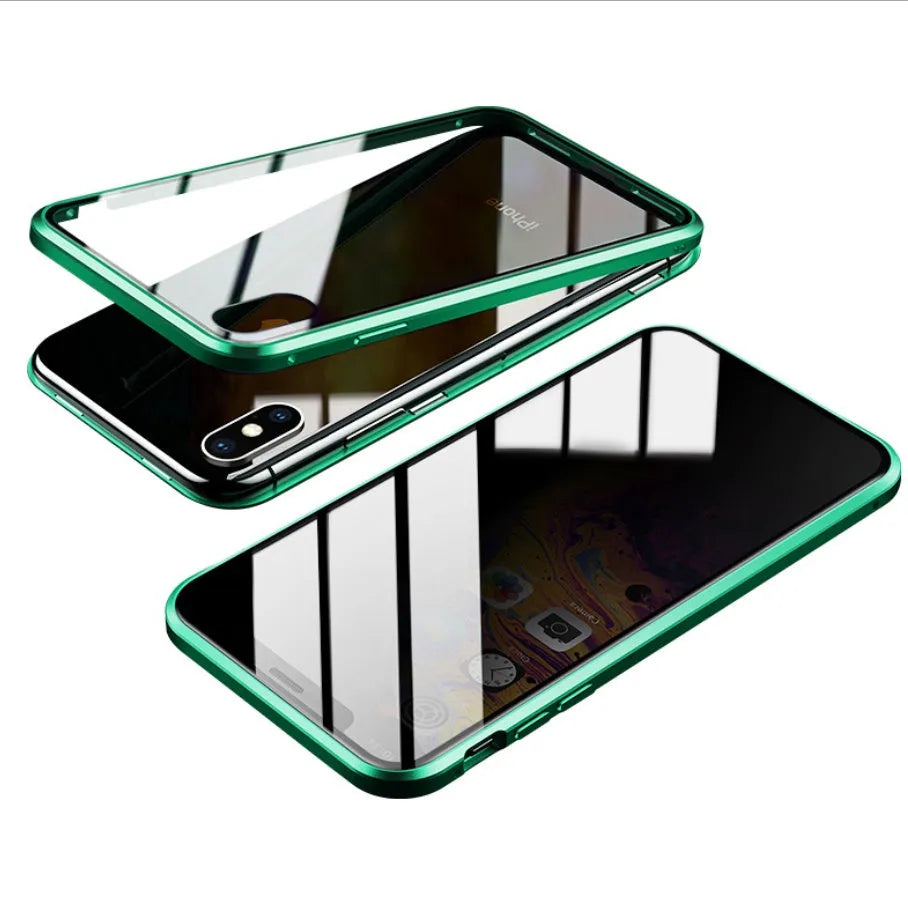 Glass anti-spy mobile phone case for iPhone with clamshell design and geometric pattern in multiple colours.