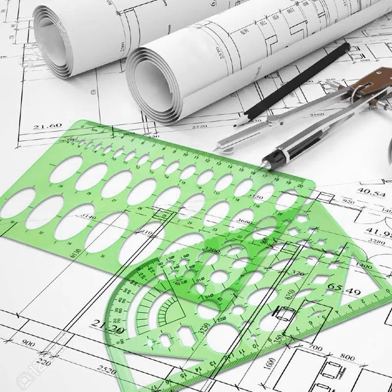Clear green plastic geometric drawing templates set with eleven pieces and poly zipper envelope on white background