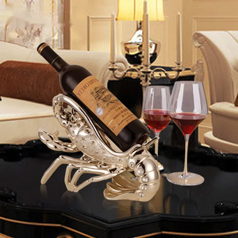 Lobster-shaped decorative wine rack ornament in rose gold or silver resin for home bar display