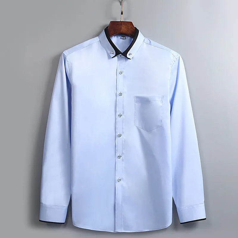 Men's stretch shirt in polyester fibre, available in wine red and multiple colours, sizes 38-44, with detailed fit guide