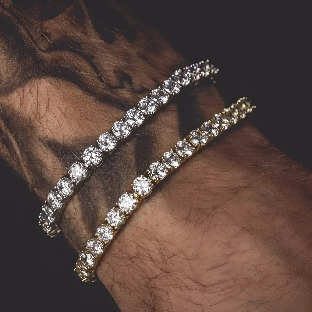 Men's hip hop bracelet with geometric chain links and single row of iced out rhinestones in alloy with zirconia stones