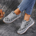 Women's flower print lace-up sneakers in camel, round toe, flat heel, artificial PU upper with rubber sole