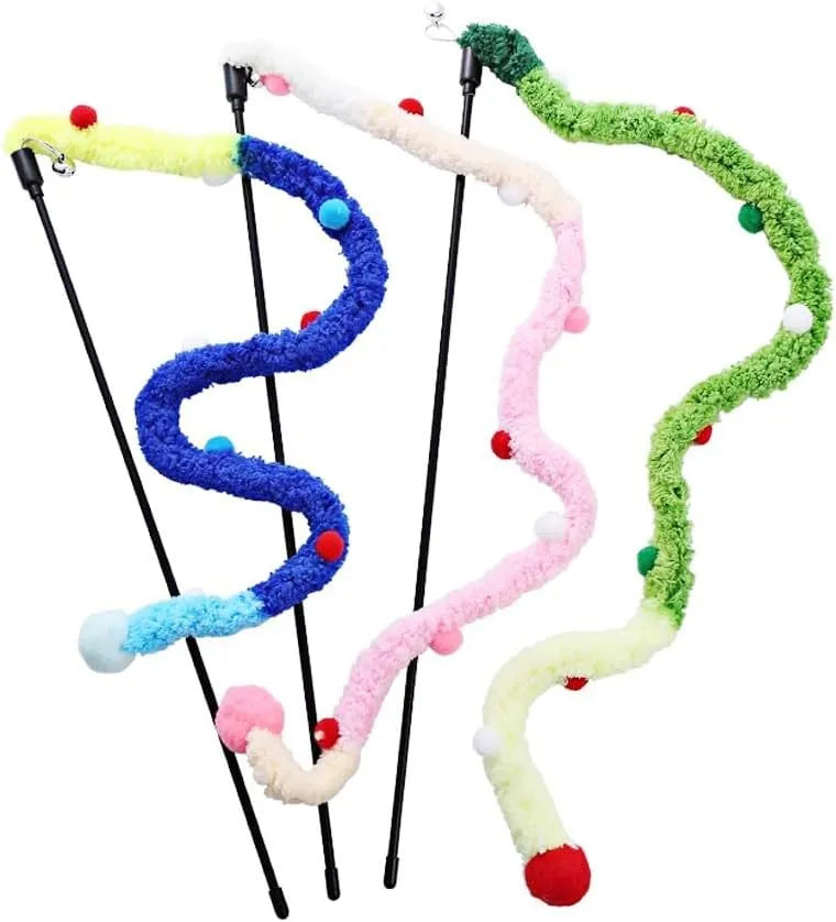 Blue interactive cat teaser wand with long plush strip and fluffy bell ball.