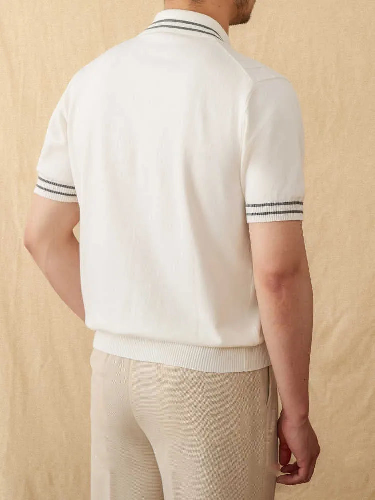 Cotton leisure knitted short-sleeved lapel polo shirt in apricot colour, regular fit, thin fabric, front view.
