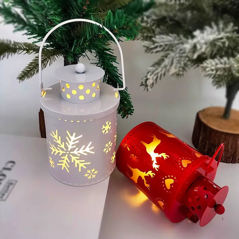 Wrought iron LED candle lantern with flickering light, available in green, white, and red, on a wooden shelf