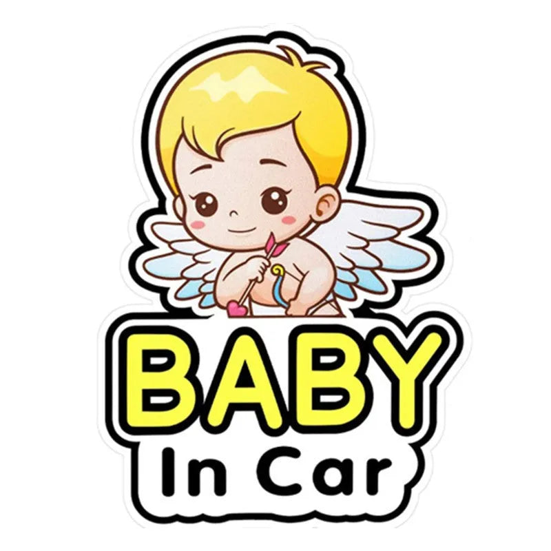 Reflective Baby on Board car sticker example showing angel design on a car window.
