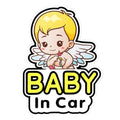 Reflective Baby on Board car sticker example showing angel design on a car window.
