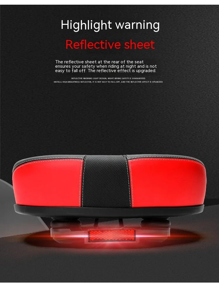 Thickened plus-size bicycle saddle in red, grey, or light brown with reflective stickers and PU cover.