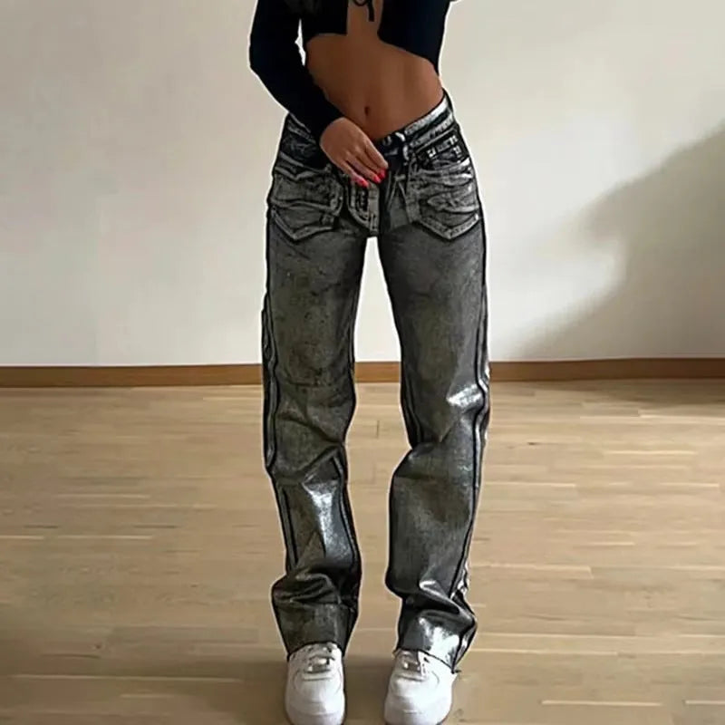 Washed blue high waist straight leg jeans with contrast stitching detail