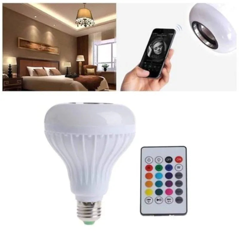 White E27 smart LED bulb with Bluetooth speaker and remote control for wireless light and music adjustment.