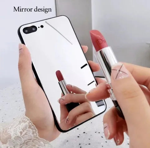 Black iPhone case with a square glass mirror on the back, compatible with iPhone X, 7 Plus, and 8 Plus.