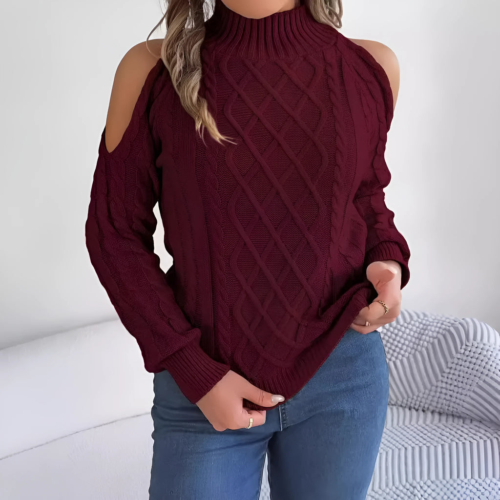Women's casual sweater with twisted strapless half-high collar and lantern long sleeves in acrylic fabric