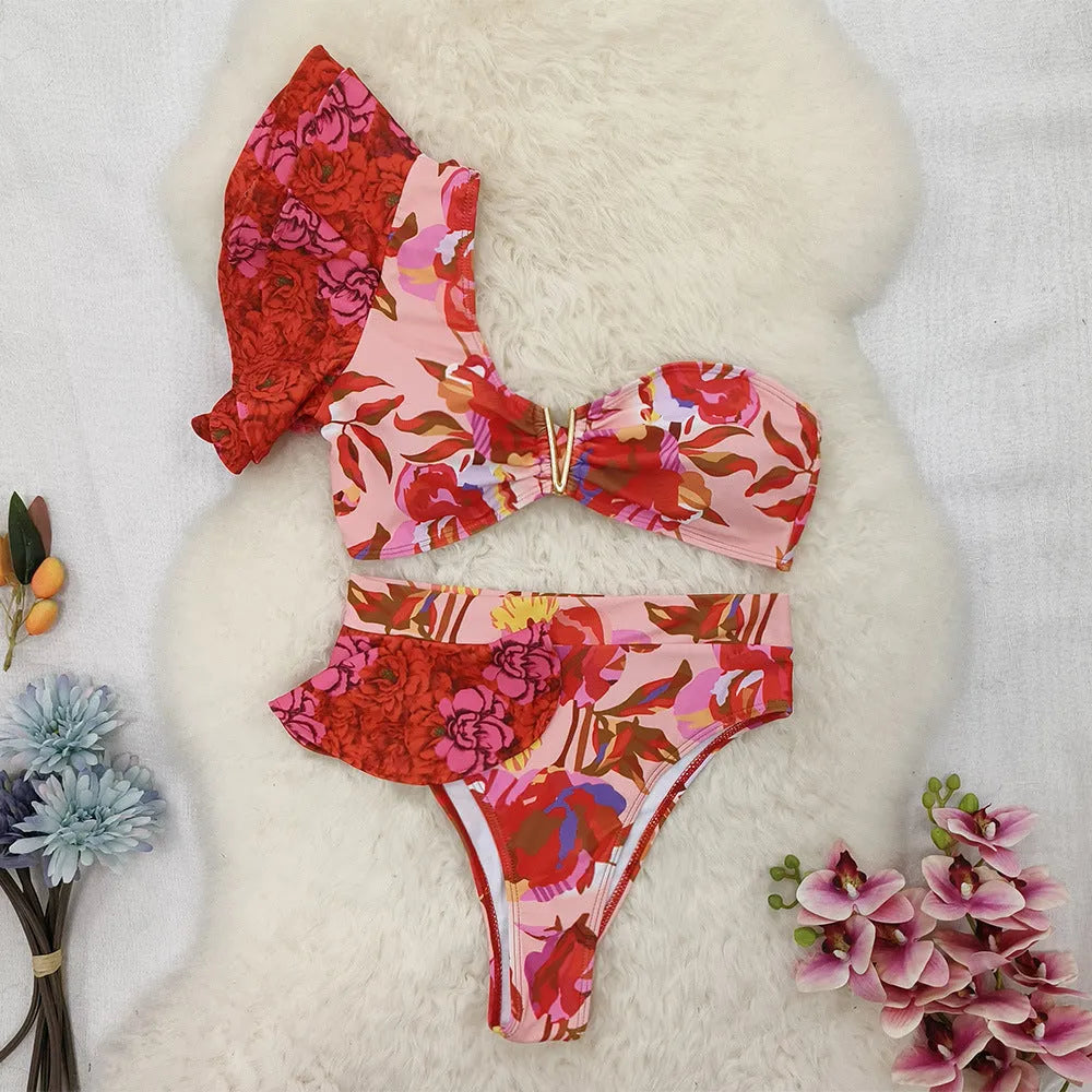 Pink and red floral print one-shoulder ruffled bikini set with high-waist briefs for women