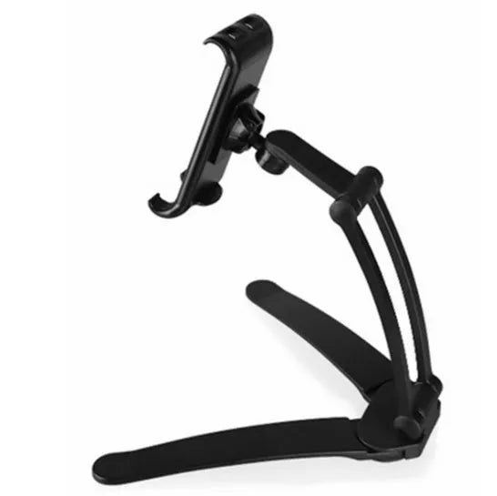 Silver aluminum desktop tablet stand with white ABS base, showing adjustable clip holding a tablet.