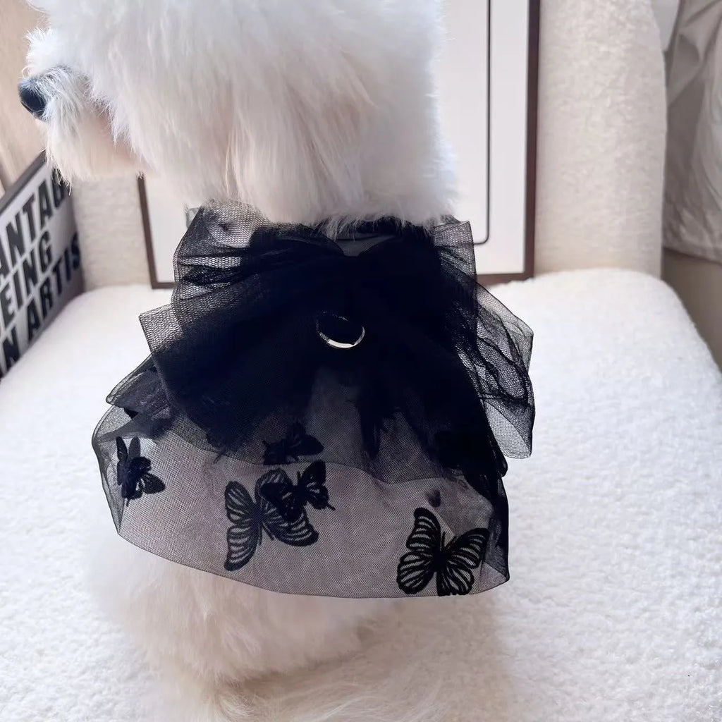 Black gauze princess tulle skirt for small dogs and cats with size chart showing XS to XL options