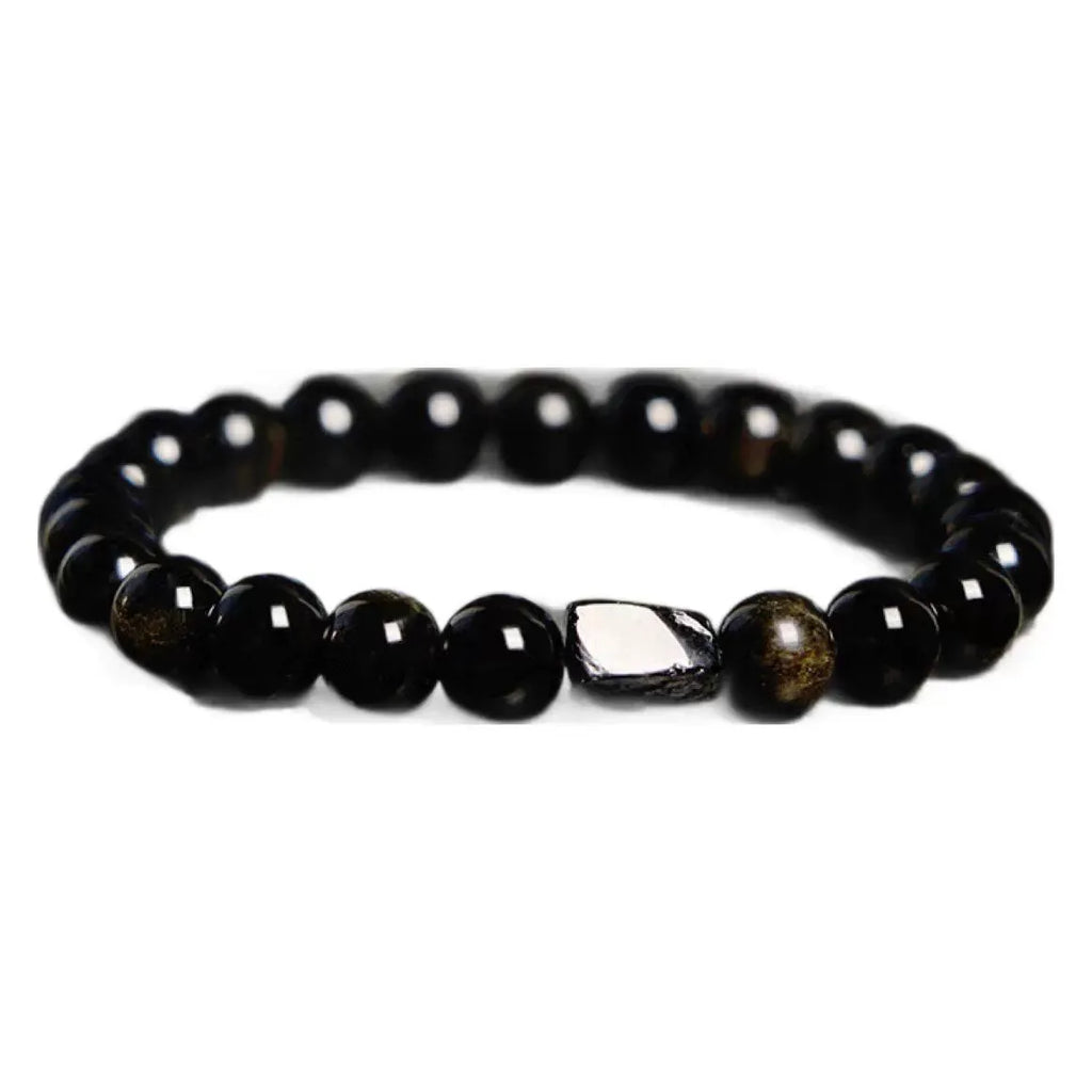 Natural obsidian single ring 8mm beaded bracelet in gold obsidian style on a plain background