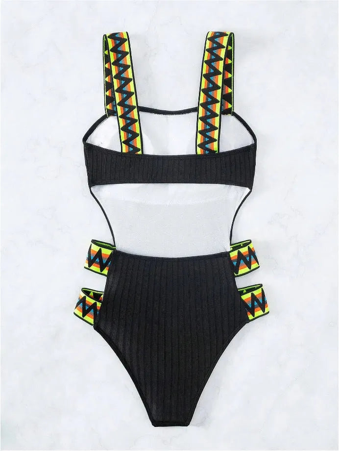 Black and orange solid colour one-piece swimsuit bikini for women
