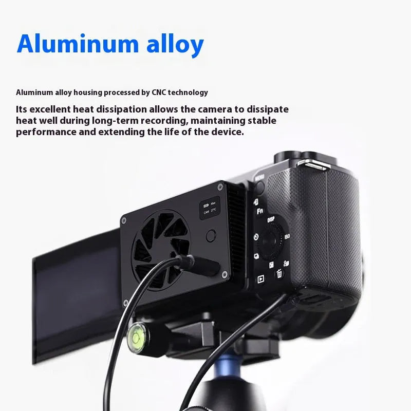 Black aluminium alloy smart cooling fan radiator with fins, dimensions 89mm by 52mm