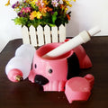Adjustable rod-lift pet water bowl in pink, blue, or yellow, showing height mechanism.