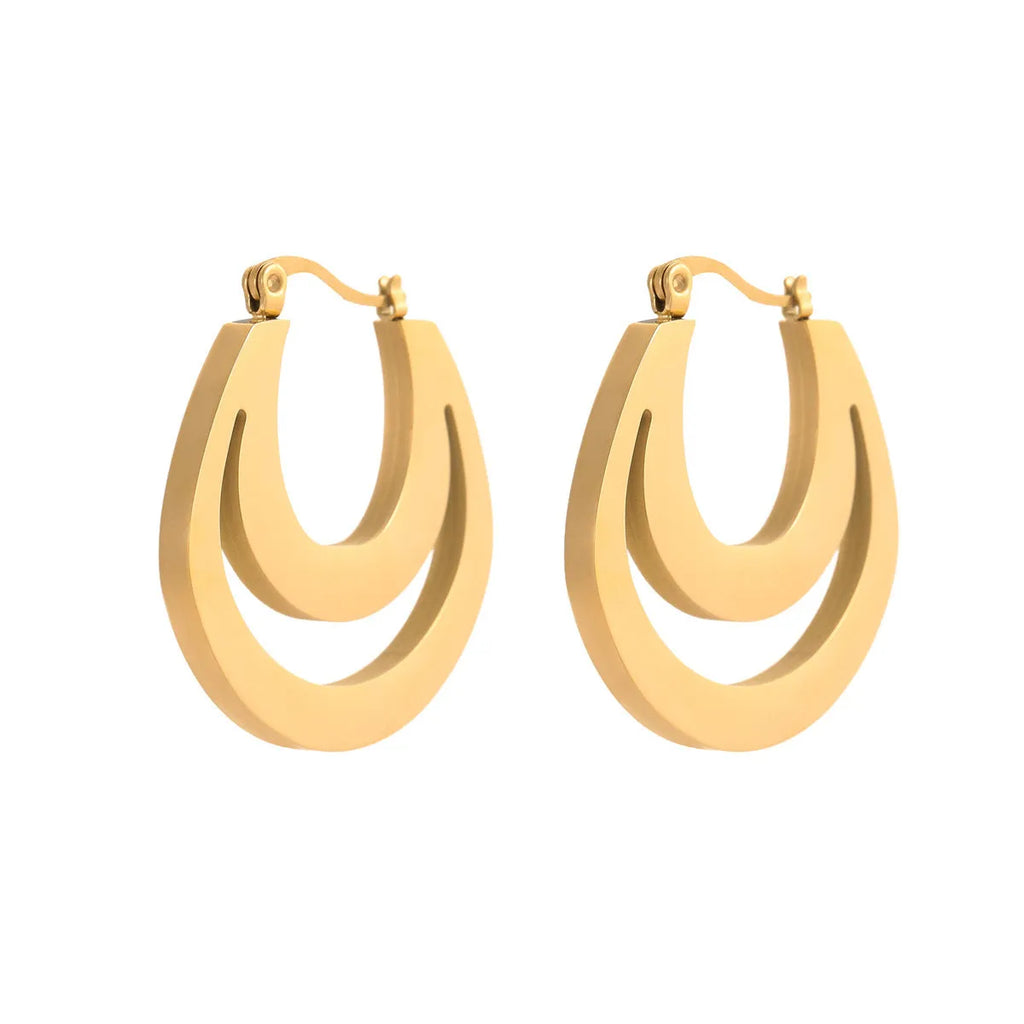 Geometric French earrings with round ring design in 18K gold-plated stainless steel, available in gold or steel colour finish