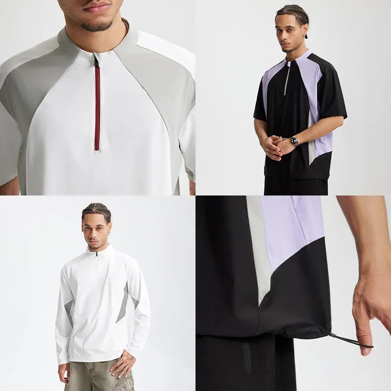 Men's lightweight stitching casual top in black and beige, available in long sleeve and short sleeve styles.