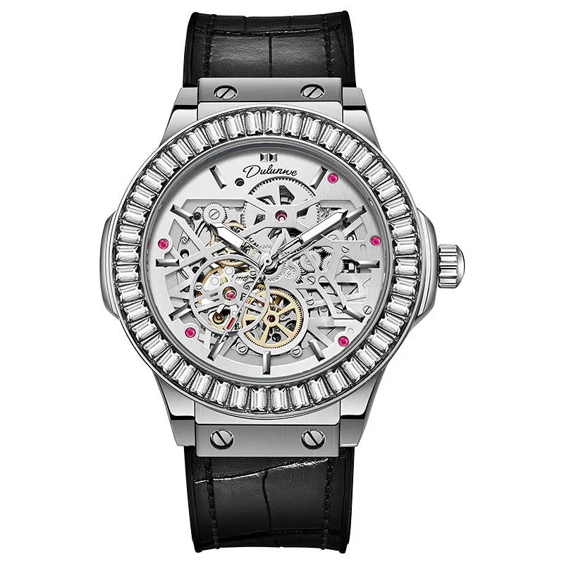 Men's automatic skeleton watch with diamond details on movement, white shell case, and black dial.