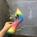 Rainbow patent leather women's high heels with thin stiletto heel and pointed toe