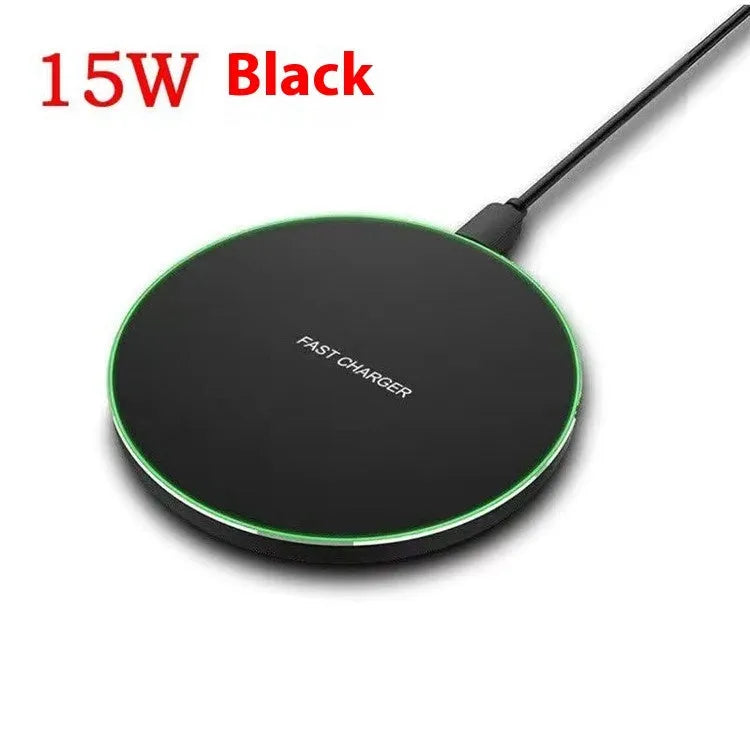 Black frosted 15W wireless charger for mobile phones with Type-C cable on a desk