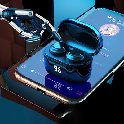 Black stereo Bluetooth headset showing earbud design with wireless connectivity features