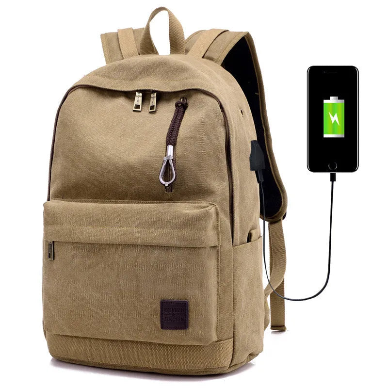 Canvas backpack with USB charging port in grey colour showing compartments