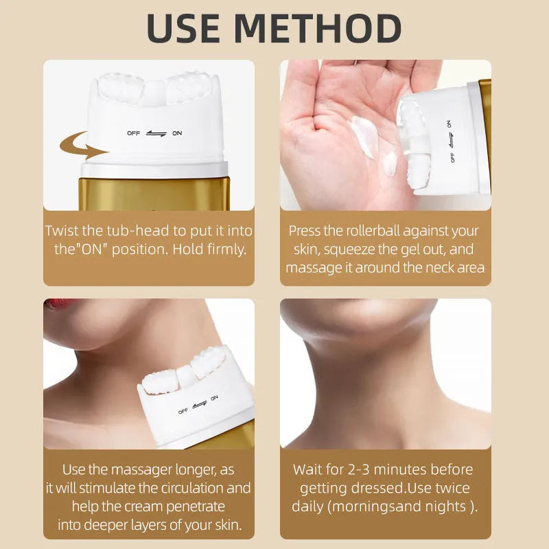 Neck moisturising cream with built-in massage roller for dry skin care