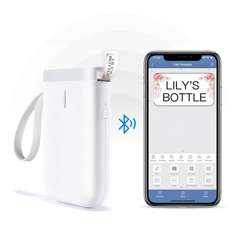 D11 Bluetooth thermal label printer in black, white, pink, or green, shown next to a smartphone running the label design app.