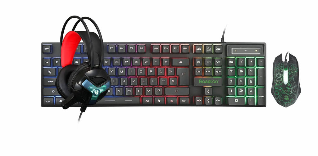 Wired gaming keyboard and mouse set with headset and mouse pad arranged on desk