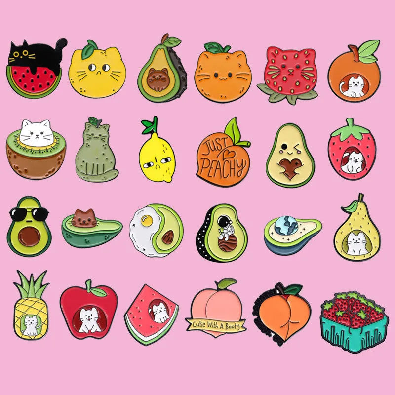 Colourful cartoon fruit and letters design on a zinc alloy metal brooch with pin clasp.