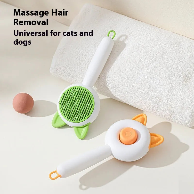 Self-cleaning pet grooming comb with stainless steel teeth in greenish white and orange white colour options